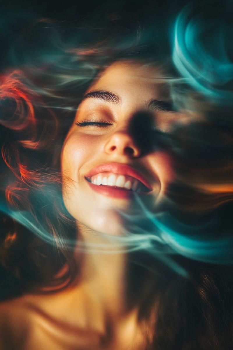 Woman smile hair beauty eyes lips teeth red blue shadow blurry expression emotion A woman with closed eyes and a joyful expression is lying down, her face illuminated by a soft light. Her hair, a mix of red and blue hues, flows around her face, creating a dreamy and ethereal effect. The background is dark, with blue and red smoke-like patterns adding to the mystical atmosphere. The woman's skin has a smooth, glowing texture, and her lips are slightly parted, revealing her teeth. The overall mood is one of serenity and happiness.