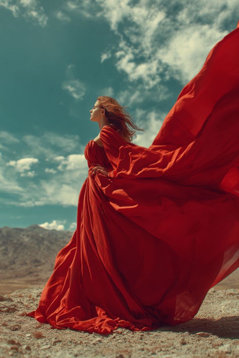Woman desert mountains sky clouds wind backlit fashion beauty elegance freedom adventure exploration nature red dress flowing fabric A woman stands in a desert, her flowing red dress billowing dramatically in the wind. Her hair is wild and blowing in the breeze, and she gazes to the left, her face partially obscured by the fabric. The sky above is a deep blue with scattered clouds, and in the distance, a rugged mountain range is visible. The ground is rocky and arid, with sparse vegetation.
