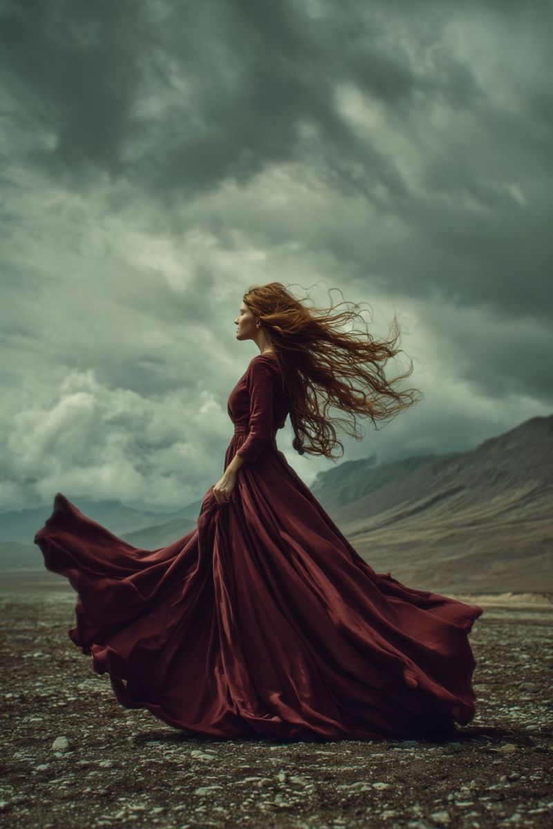 Femme robe vent montagne nuage ciel air tempete nature beaute elegance liberte aventure Une femme aux longs cheveux roux flottants se tient dans un vaste paysage ouvert. Elle porte une longue robe marron qui flotte de manière spectaculaire dans le vent. Ses cheveux sont pris dans la brise, flottant derrière elle. Le sol sous ses pieds est rocheux et aride, avec une pointe de verdure au loin. Le ciel au-dessus est sombre et nuageux, suggérant une tempête imminente. La posture de la femme est gracieuse, comme si elle dansait ou se déplaçait avec le vent.