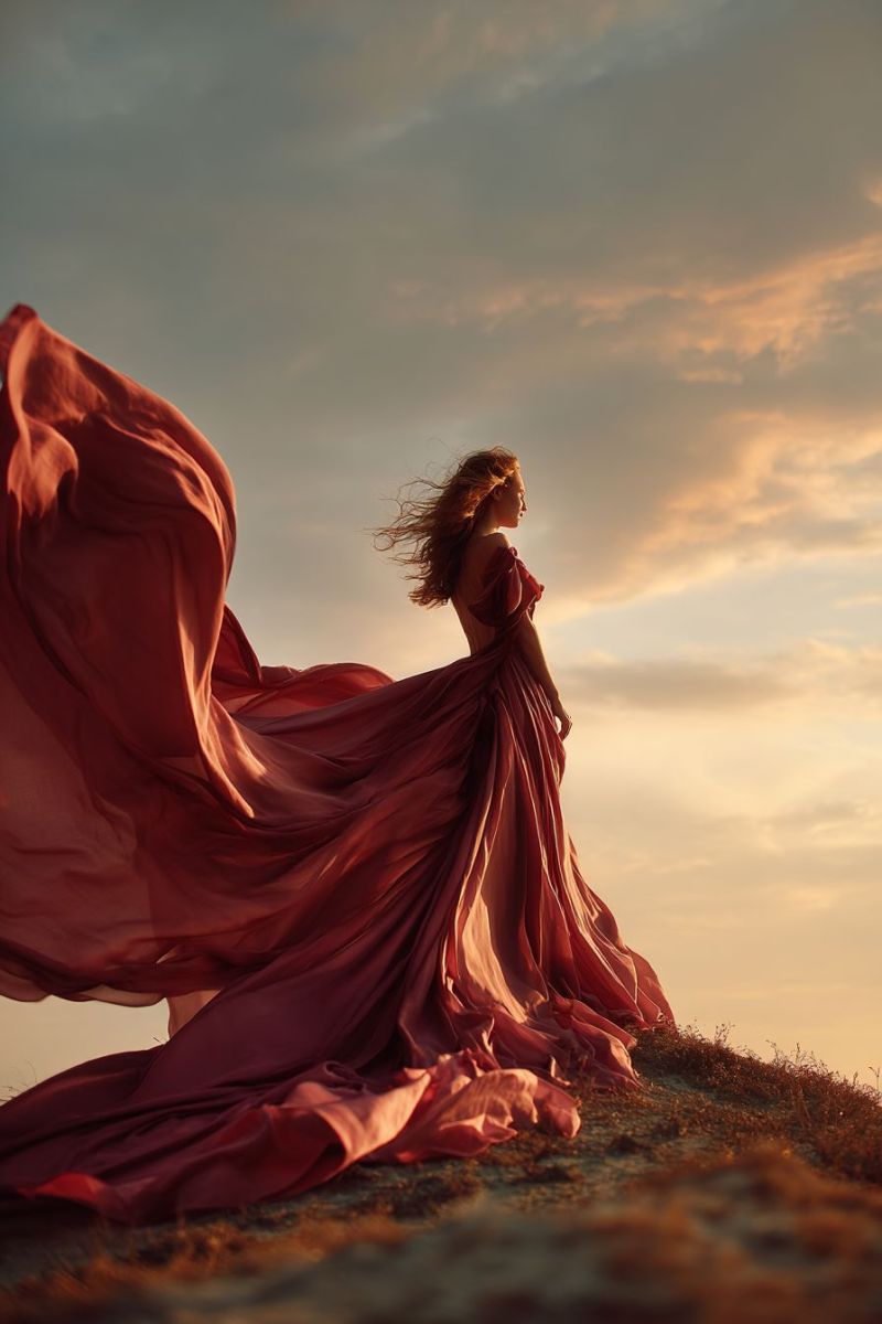Femme robe beaute elegante tenue soiree rouge luxe Une femme se tient sur une colline herbeuse, le dos tourné, portant une robe rouge fluide qui flotte de manière spectaculaire dans le vent. Ses cheveux sont longs et ondulés, flottant librement. Le ciel derrière elle est un mélange de bleus doux et d'oranges chauds, suggérant l'aube ou le crépuscule. La scène globale est sereine et poétique, la femme apparaissant presque éthérée contre le décor naturel.