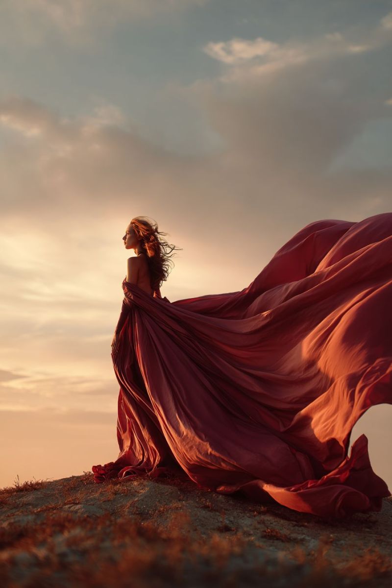 Femme robe coucher soleil vent beaute elegance liberte inspiration air nature grace soiree Une femme se tient sur une colline, le dos tourné, portant une robe rouge fluide qui flotte majestueusement dans le vent. Ses cheveux sont longs et ondulés, flottant librement dans la brise. Le ciel au-dessus est un mélange de teintes roses douces et bleues, indiquant soit un coucher de soleil, soit un lever de soleil. Le sol sous elle est rocheux et aride, avec une végétation clairsemée. La scène générale est sereine et poétique, capturant un moment de beauté naturelle et de liberté.