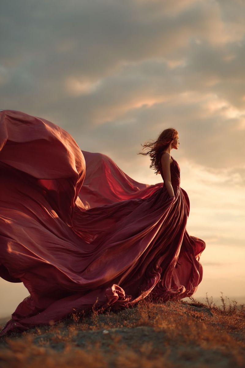 Femme robe beaute elegante soiree rouge porter Une femme se tient sur une colline herbeuse, sa longue robe rouge flottant de manière spectaculaire dans le vent. Ses cheveux volent librement, et elle regarde vers la droite. Le ciel au-dessus est un mélange de nuages roses doux et gris, suggérant l'aube ou le crépuscule. Le sol sous elle est recouvert d'herbe sèche, et la scène dans son ensemble a une qualité sereine, presque éthérée.