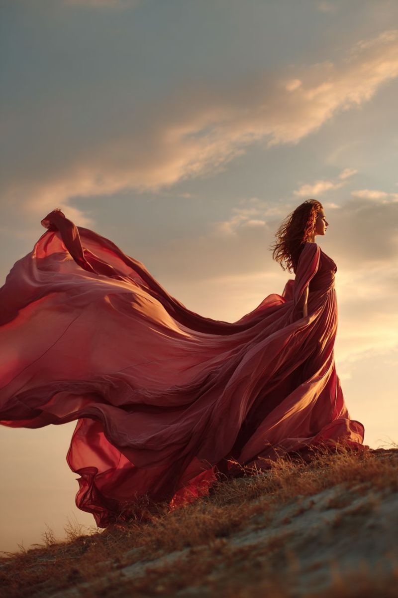 Femme robe ciel nuages coucher soleil vent liberte elegance beaute air nature inspiration creativite Une femme se tient sur une colline herbeuse, sa silhouette visible contre le soleil couchant. Elle porte une robe fluide, d'un rouge profond, qui flotte de manière spectaculaire dans le vent, créant un sentiment de mouvement et de grâce. Ses cheveux cascadent librement, et elle regarde vers la droite, son expression sereine. Le ciel au-dessus est un mélange de bleus doux et d'oranges chauds, avec des nuages éparpillés ajoutant de la texture à la scène. Le sol sous elle est recouvert d'herbe sèche, et l'atmosphère générale est celle d'une beauté tranquille et paisible.