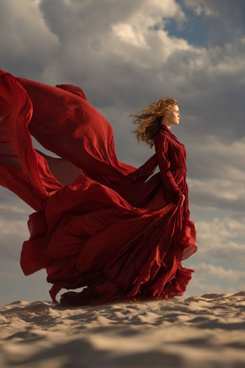 Woman dress sand clouds wind sky fashion outdoors beauty elegance freedom movement red evening night A woman stands on a sandy beach, her long red dress billowing dramatically in the wind. Her hair flows freely, and she gazes to the left. The sky above is partly cloudy, with patches of blue peeking through. The sand is light brown, and the overall scene is bathed in a soft, natural light.