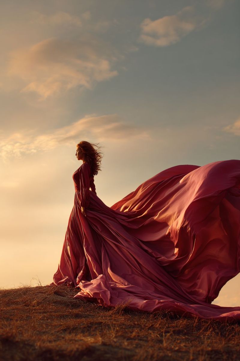 Femme robe elegante beaute soiree rouge vent ciel nuages Une femme se tient sur une colline herbeuse, sa silhouette se détache contre les douces et chaudes teintes d'un ciel de coucher de soleil. Elle porte une robe rouge profond et fluide qui flotte dramatiquement autour d'elle, captant la lumière et créant un sentiment de mouvement. Ses cheveux, sombres et ondulés, flottent librement, ajoutant à la qualité éthérée de la scène. Le ciel au-dessus est un mélange de roses, d'oranges et de bleus, avec des nuages flottants qui ajoutent de la profondeur et de la texture à l'arrière-plan. L'ambiance générale est de tranquillité et de beauté, la femme apparaissant presque comme une partie du paysage, se fondant avec les éléments naturels qui l'entourent.