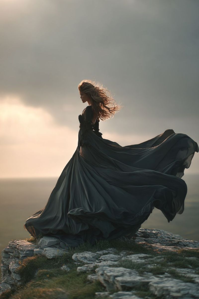 Femme robe roche montagne ciel nuage vent mer soleil beaute elegance liberte inspiration nature Une femme se tient sur une falaise rocheuse, sa silhouette visible contre un ciel nuageux. Elle porte une longue robe noire fluide qui flotte de manière spectaculaire dans le vent, suggérant le mouvement. Ses cheveux sont longs et semblent flotter dans le vent, ajoutant à l'effet dynamique. La falaise est couverte d'herbe clairsemée et de rochers, et l'arrière-plan montre un vaste paysage ouvert avec une touche de mer ou d'océan au loin. L'ambiance générale est dramatique et éthérée, avec la silhouette de la femme contrastant fortement avec les tons neutres du ciel et du paysage.