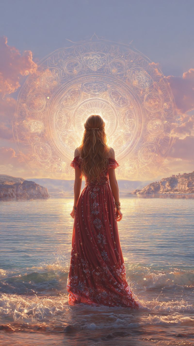 Woman dress beach sea sunset clouds sky reflection waves water rocks mountains island sun shadow painting A woman with long, flowing hair stands waist-deep in the ocean, her back turned to the viewer. She wears a red, flowing dress adorned with intricate floral patterns. The water gently laps at her feet, and the waves shimmer with the light of the setting sun. Behind her, a large, ornate circular design floats in the sky, glowing with a soft, golden light. The sky is a mix of deep blues and warm oranges, with clouds scattered around the circular design. In the distance, rocky cliffs and a silhouette of a castle can be seen, adding to the serene and mystical atmosphere of the scene.