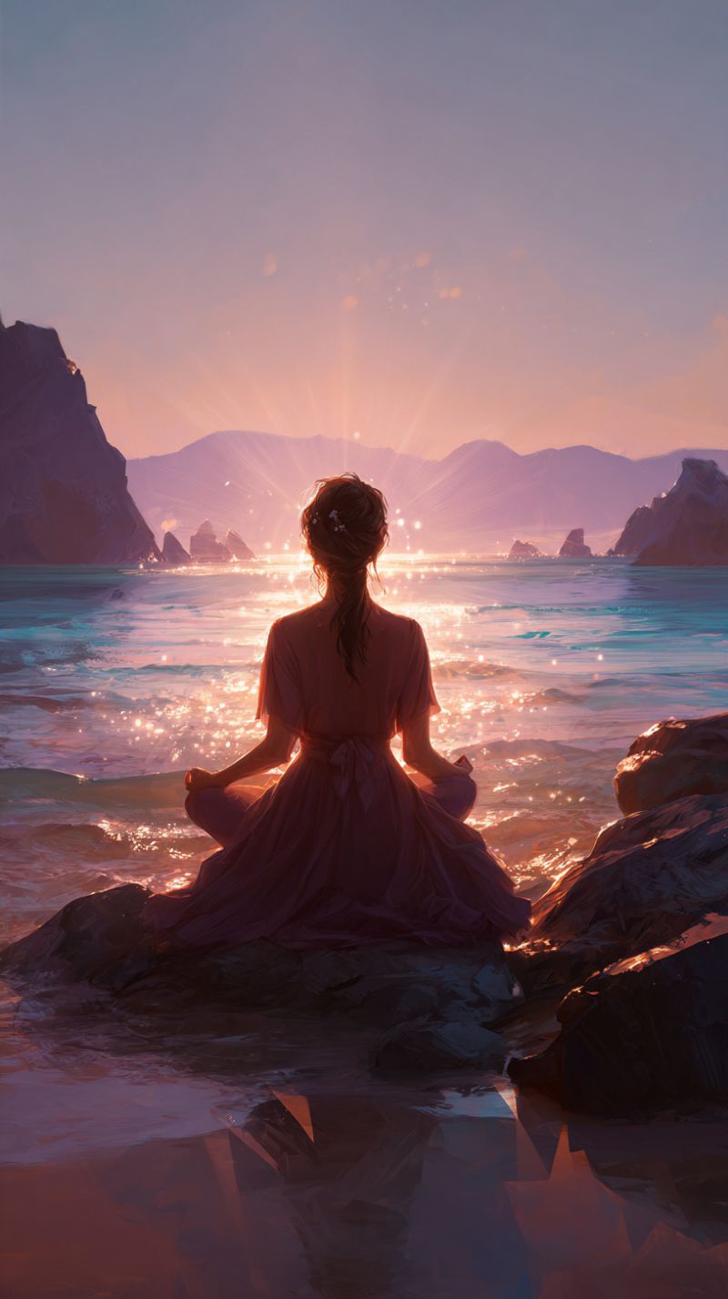 Meditation plage ocean coucher soleil rochers montagnes eau ciel reflexion vagues nature calme tranquillite serenite paix beaute Une femme est assise les jambes croisées sur un grand rocher près du bord de l'eau, face au soleil couchant. Elle porte une robe rose fluide qui flotte légèrement dans la brise. Le soleil est bas sur l'horizon, projetant une lumière chaude et dorée sur la scène. L'eau est calme, avec de douces ondulations reflétant les couleurs du ciel. En arrière-plan, il y a des falaises escarpées et des montagnes lointaines, tout baigné dans les teintes rosées douces du coucher de soleil. L'atmosphère générale est sereine et tranquille, avec un sentiment de solitude paisible.