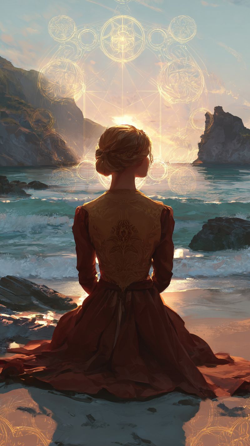Woman beach dress back sea mountain rock sky sun water reflection sunset ocean waves shore evening nature A woman sits on a sandy beach, her back turned, wearing a long, flowing dress with intricate patterns. Her hair is tied back, and she gazes towards the sea. The setting sun casts a warm glow on the scene, with the sky transitioning from blue to orange and pink hues. In the background, there are rocks and a large rock formation, with a mystical, glowing circular pattern floating above the water. The water is calm, reflecting the colors of the sky.