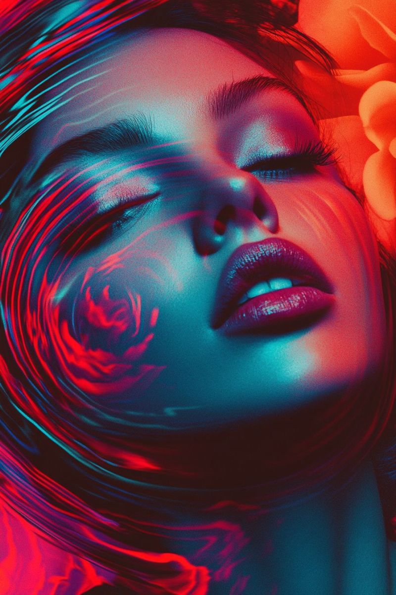 Woman red blue flower eye lips hair dark beauty fashion makeup eyelashes A close-up portrait of a woman with her eyes closed, her face illuminated by a vibrant red and blue light effect. Her lips are painted in a deep red color, and her skin has a smooth, glossy appearance. Her hair is styled in loose waves, and there is a large red rose with a swirling pattern behind her head. The background is a mix of red and blue hues, creating a dreamy and surreal atmosphere.
