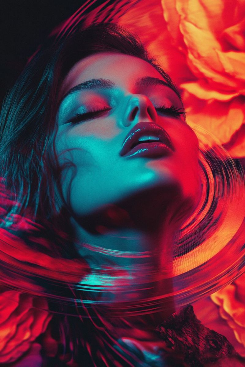 Woman red blue flower hair lips eye eyelash eyebrow makeup beauty fashion A woman with her eyes closed, her face illuminated by a mix of blue and red lights, creating a dramatic effect. Her lips are painted in a bold red, and her hair is styled in loose waves. She is surrounded by a swirl of vibrant red and orange petals, possibly from a flower, adding to the surreal and artistic atmosphere of the image.