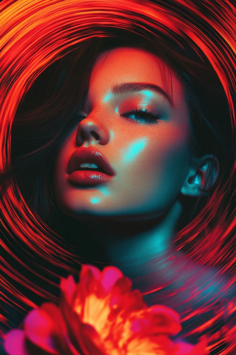 Woman red hair eye beauty makeup lips flower blue green yellow purple A close-up portrait of a woman with her eyes closed, her face illuminated by a vibrant red light. Her lips are painted in a deep red color, and her skin has a slight glow. Her hair is styled in loose waves, and it is also illuminated by the red light. In front of her face, there is a large, pink flower with a yellow center, which is also illuminated by the red light. The background is a swirl of red and blue colors, creating a dynamic and artistic effect.