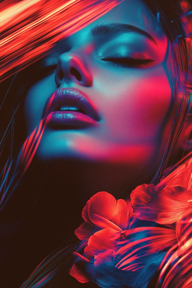Woman red blue hair lips eye eyelash flower petal beauty fashion makeup neon A close-up portrait of a woman with her eyes closed, her face illuminated by a combination of red and blue lights. Her lips are painted in a bold red color, and her skin has a smooth, glowing texture. Her hair is styled in loose waves, with some strands falling over her face. A red flower with petals that resemble feathers is placed on her shoulder, adding a touch of color and texture to the image. The background is dark, and the lighting creates a dramatic effect, highlighting the woman's features and the flower.