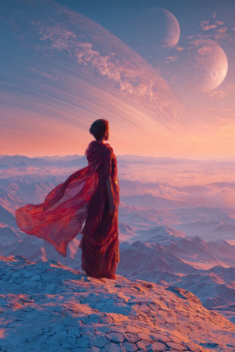 Femme montagne ciel planete espace nuage coucher soleil robe horizon vallee rocher terre etoile astronomie univers celeste Une femme se tient sur une falaise rocheuse, le dos tourné, portant une robe rouge fluide qui flotte dans le vent. Elle contemple un coucher de soleil à couper le souffle, avec le ciel peint de teintes orange et roses. En arrière-plan, deux grandes planètes sont visibles, l'une avec un système d'anneaux, et le ciel est parsemé de nuages. Le paysage en contrebas est montagneux, avec un horizon lointain qui se fond dans les couleurs du soleil couchant.