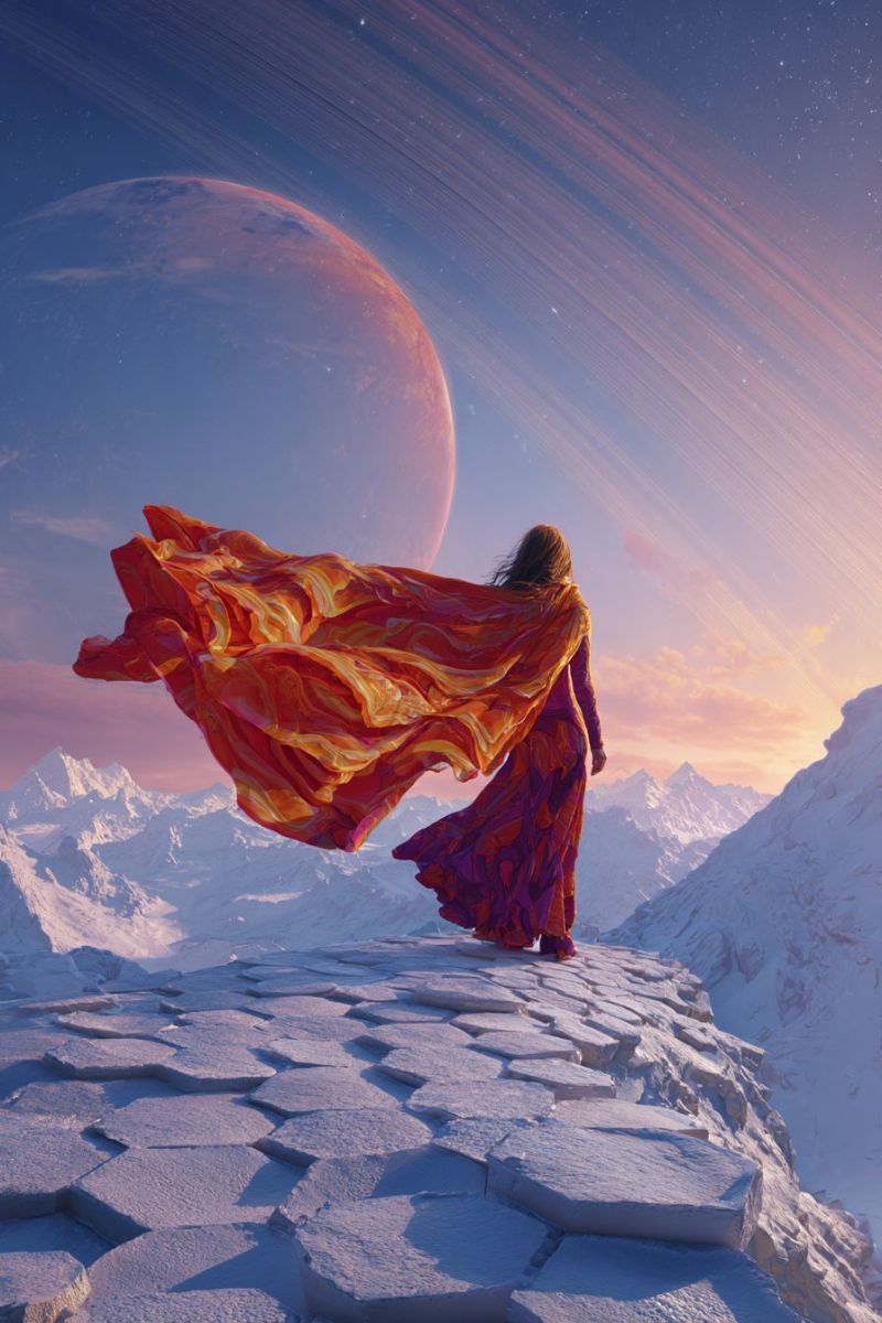 Woman mountain sky dress scarf sunset planet space cloud rock snow ice texture pattern shadow A woman stands on a rocky, hexagonal surface, her vibrant orange and yellow cape billowing in the wind. She wears a long, flowing dress and looks towards a large, glowing planet in the sky. The planet is surrounded by a ring of light, and the sky is a mix of blue and pink hues. In the background, snow-covered mountains stretch into the distance, and the scene is set against a back of stars.