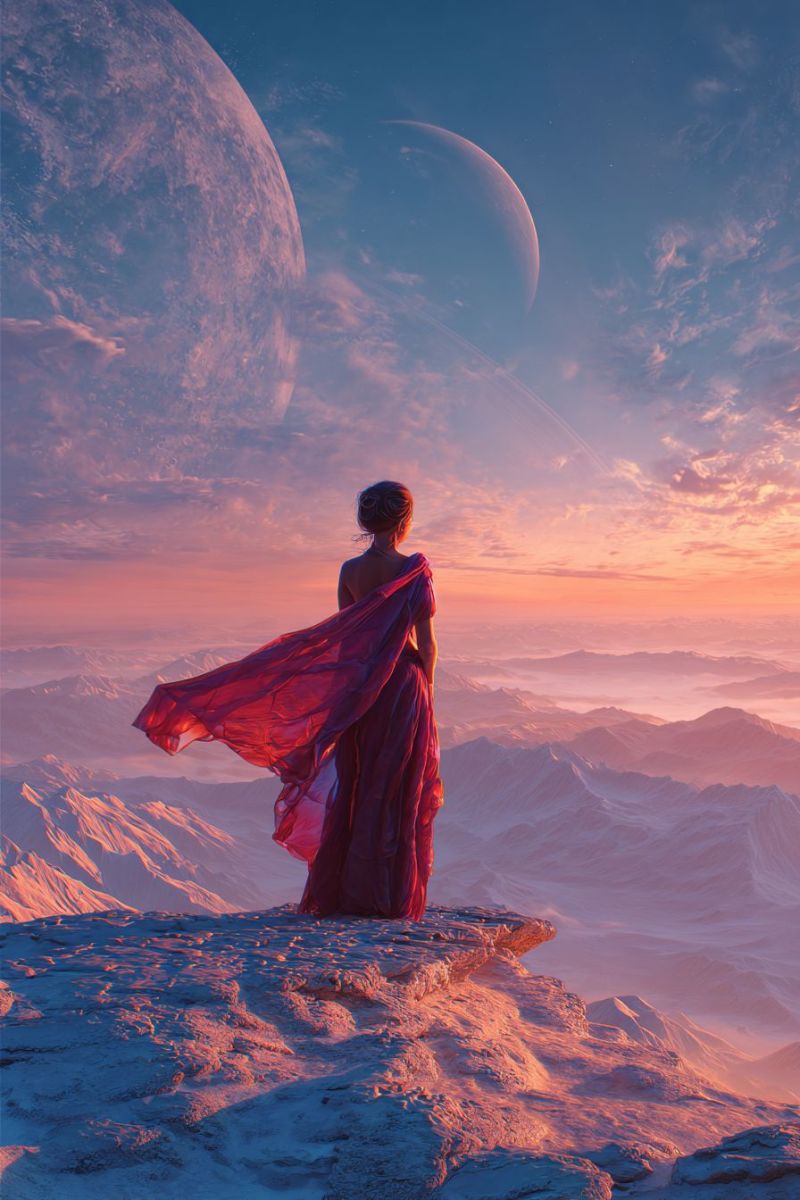 Femme montagne ciel coucher soleil robe roche nuage planete espace etoile astronomie univers celeste cosmique nuit Une femme se tient sur une falaise rocheuse, le dos tourné, portant une robe rouge fluide qui flotte dans le vent. Elle contemple un coucher de soleil à couper le souffle, avec le ciel peint de teintes roses et orangées. En arrière-plan, deux grands corps célestes sont visibles : une grande planète avec une lueur rosée et une planète plus petite et lointaine avec un système d'anneaux. Les montagnes au premier plan sont couvertes de neige, et toute la scène est baignée d'une douce lumière éthérée.