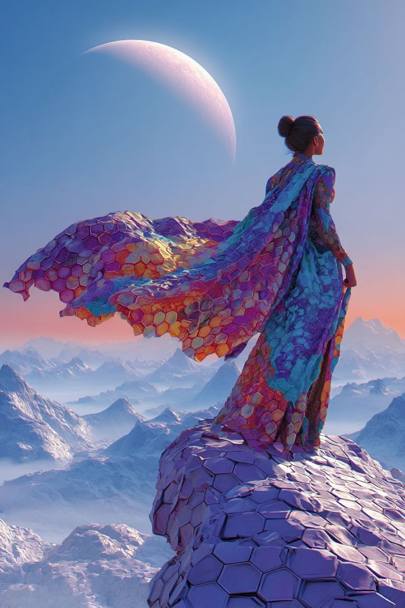 Mountain sky dress woman moon cloud rock texture pattern design fantasy fictional imagination geometric A woman stands on a hexagonal rock formation, her back turned, gazing at a large, glowing moon in the sky. She wears a flowing, multicolored dress with a hexagonal pattern, and her hair is tied in a bun. The sky is a gradient of blue and pink, and in the distance, snow-capped mountains are visible.