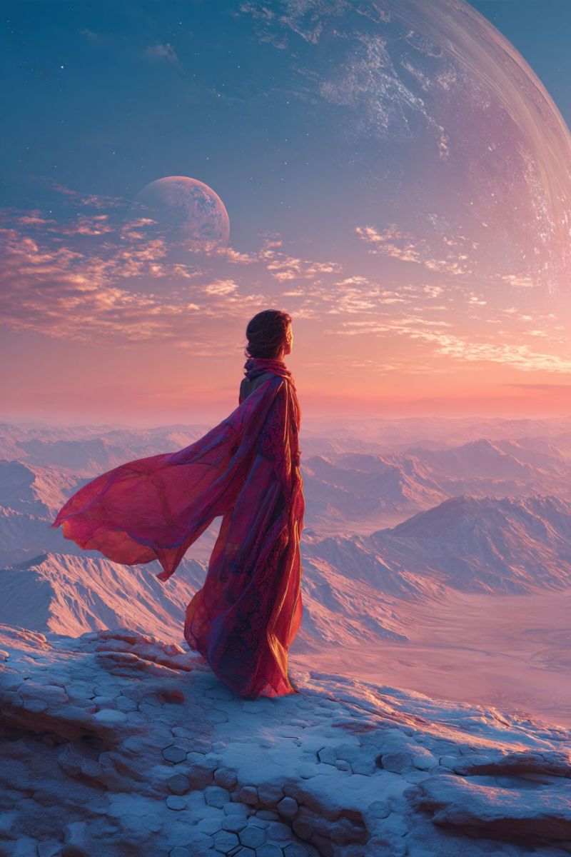 Femme montagne ciel coucher soleil robe planete lune rocher rocheux falaise Une femme se tient sur une falaise rocheuse, le dos tourné, portant un manteau rouge flottant qui gonfle dans le vent. Elle contemple un vaste paysage désertique aux teintes roses en contrebas, avec des montagnes lointaines sous un ciel crépusculaire. Le ciel est un mélange de bleu profond et de rose doux, avec une grande planète et une plus petite lune visibles, répandant une douce lueur sur la scène.