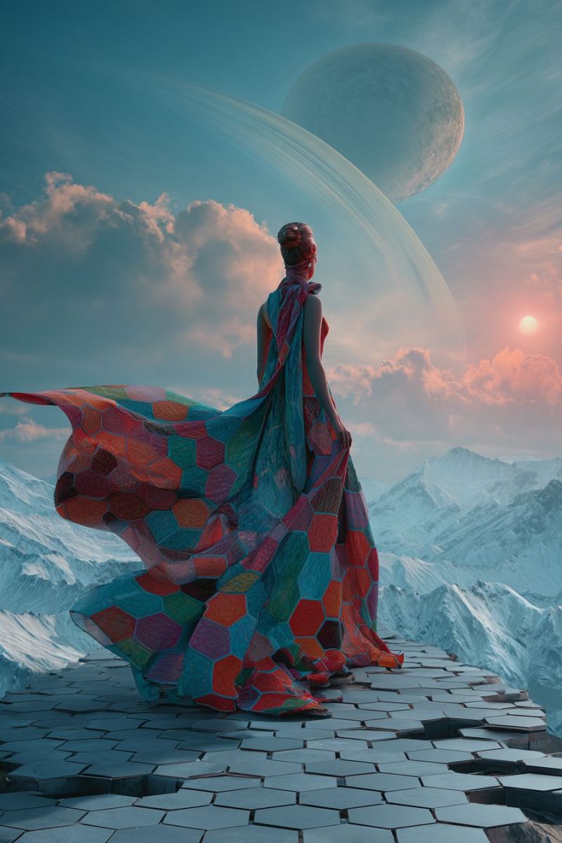 Woman dress mountain sky cloud planet space sun sunset fashion fantasy fictional imagination colorful geometric pattern A woman stands on a hexagonal platform, her back turned, gazing at a distant planet. She wears a flowing, multicolored dress with a geometric pattern. The sky is a mix of blue and pink hues, with clouds and a setting sun. Behind her, a large planet with rings is visible, and in the foreground, snow-covered mountains stretch into the distance.