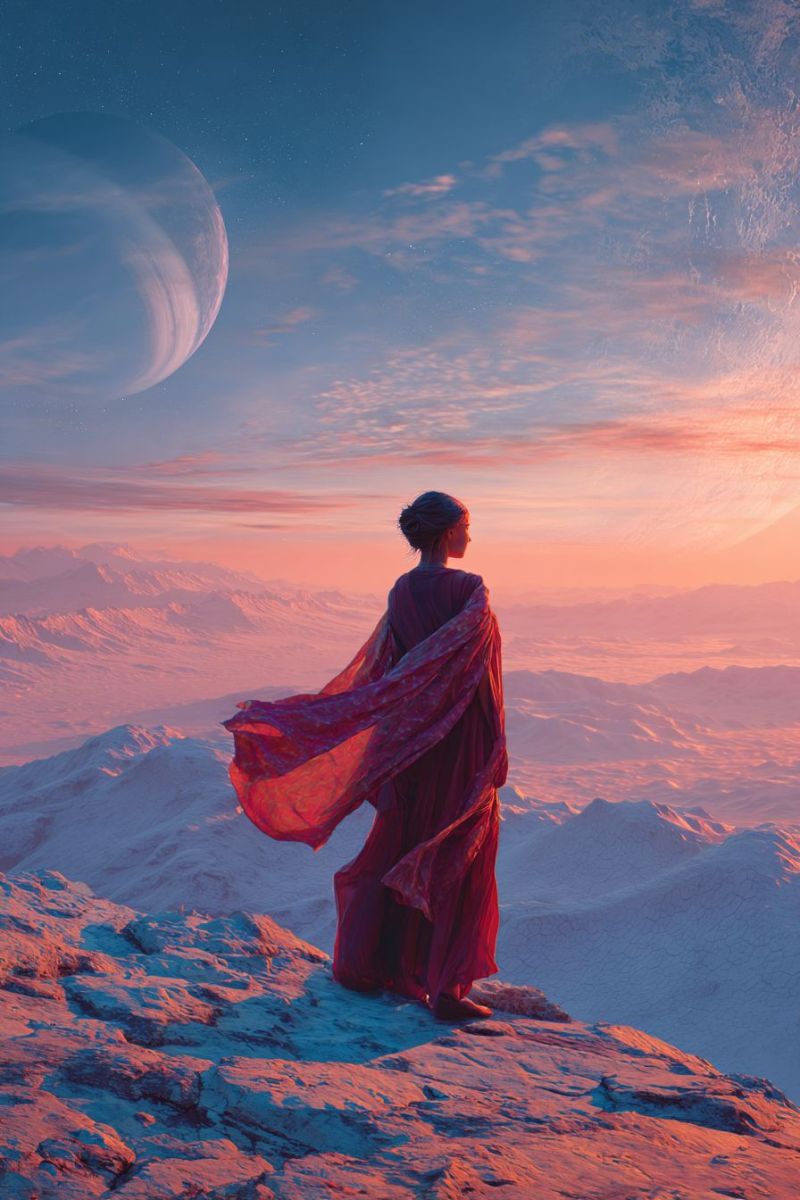 Montagne ciel nuage coucher soleil horizon planete espace etoile rocher vallee atmosphere reflexion distance nuit reve Une femme se tient sur un sommet rocheux, le dos tourné, contemplant le coucher du soleil. Elle porte une robe rouge fluide qui flotte dans la brise. Le ciel est un mélange de bleus profonds et d'oranges chauds, avec une grande planète visible au loin. L'horizon est parsemé de montagnes, et le sol en contrebas est rocheux et aride. La scène se déroule dans un vaste paysage ouvert, avec un sentiment de solitude et d'émerveillement.