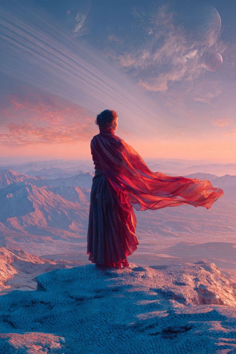 Montagne ciel femme robe coucher soleil nuage planete espace rocher horizon vallee etoile astronomie celeste cosmos univers Une femme se tient sur une falaise rocheuse, le dos tourné, vêtue d'une robe rouge flottante qui gonfle dans le vent. Elle contemple le coucher de soleil, qui projette une lueur chaude sur le vaste paysage désertique en contrebas. Le ciel est un mélange de bleus profonds et d'oranges ardents, avec des planètes et des étoiles lointaines visibles. L'horizon est parsemé de montagnes escarpées, et le sol sous ses pieds est couvert de petits cailloux éparpillés.