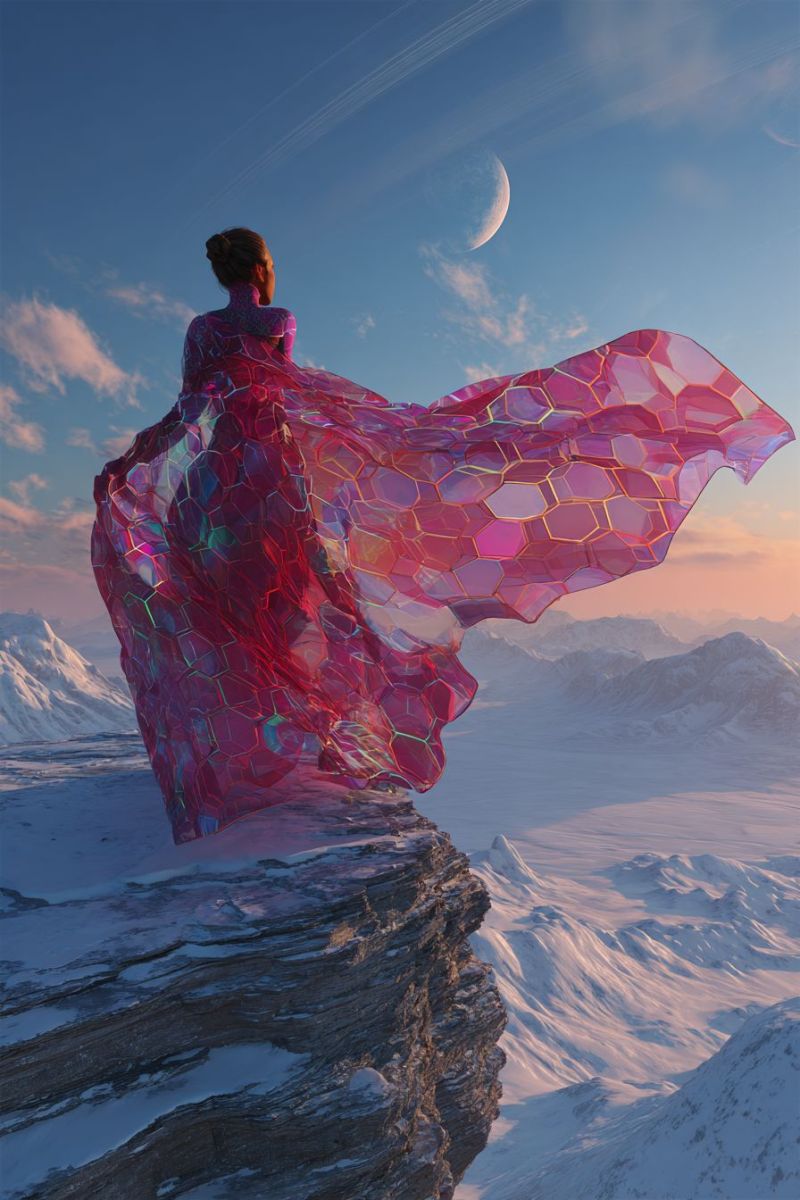 Woman mountain sky dress clothing fashion fantasy fictional imagination colorful texture pattern geometric honeycomb prism reflection A woman stands on a rocky cliff, her back turned, wearing a flowing pink dress with a hexagonal pattern. The dress billows in the wind, and she gazes at the horizon. Behind her, the sky is a mix of blue and pink hues, with a crescent moon and clouds. In the distance, snow-covered mountains stretch out under a clear sky.