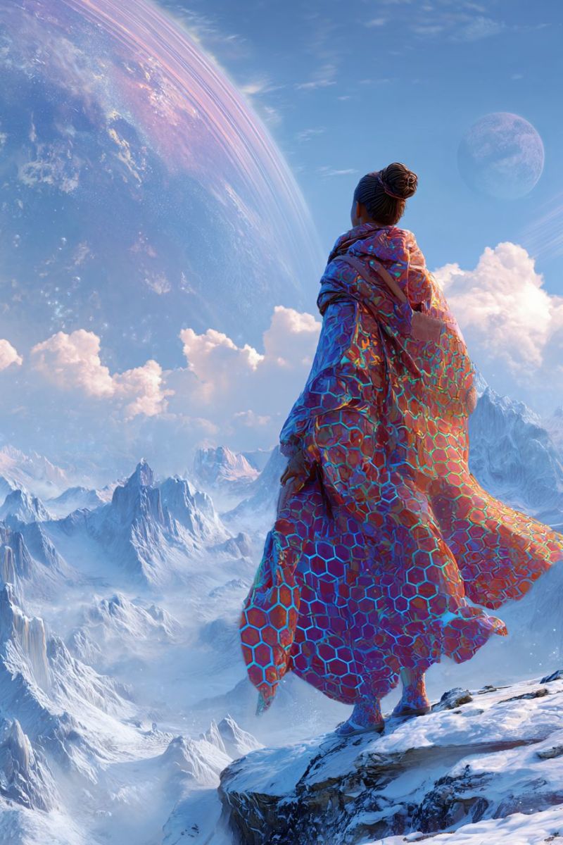 Montagne ciel nuage espace planete femme robe neige roche soleil lune fantaisie fictionnel univers cosmique Une femme se tient sur un sommet montagneux enneigé, contemplant une vaste planète colorée dans le ciel. Sa robe fluide et irisée présente un motif hexagonal aux teintes de bleu, violet et orange. Le ciel est d'un bleu profond avec des nuages éparpillés, et une grande lune lumineuse est visible au loin. La chaîne de montagnes est couverte de neige, avec des pics s'élevant majestueusement dans le ciel.