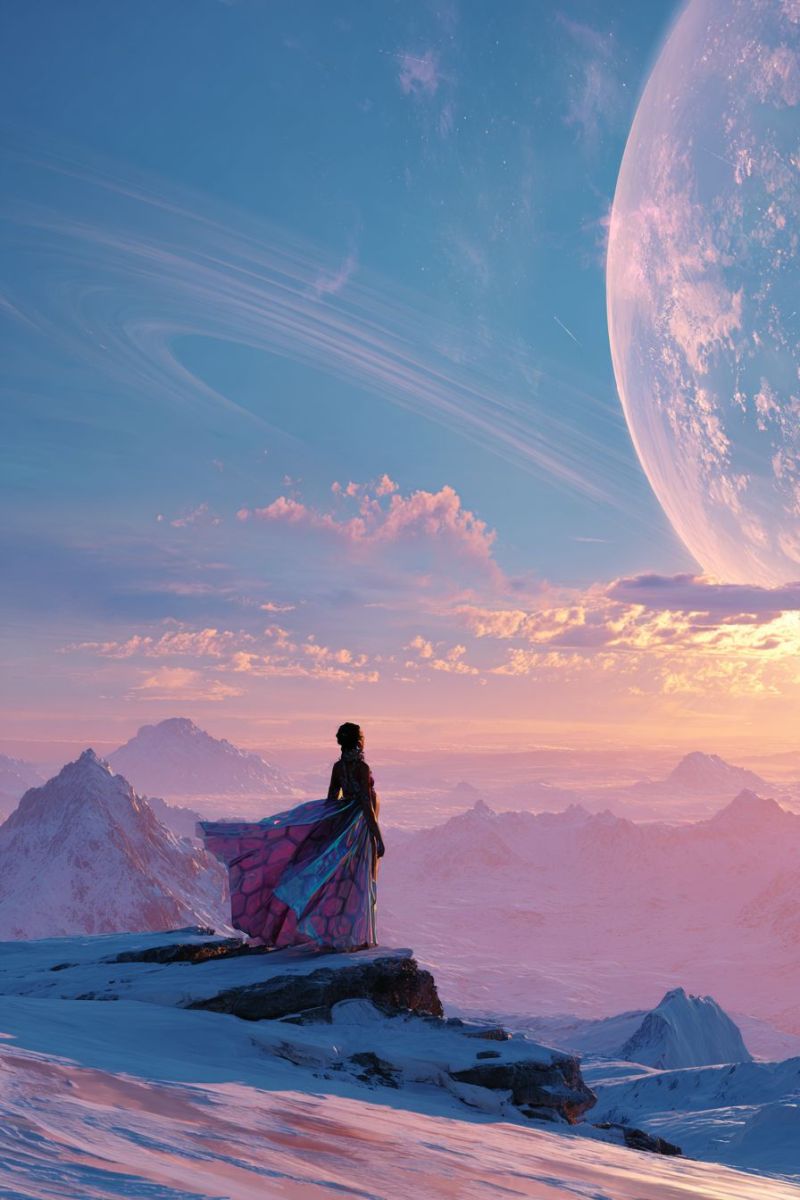 Mountain sky sunset cloud planet space woman dress fantasy snow rock horizon atmosphere A person stands on a snowy mountain peak, gazing at a large planet in the sky. The planet is surrounded by a ring of stars and has a pink hue. The sky is a mix of blue and pink, with clouds scattered throughout. The person is wearing a colorful, flowing dress that catches the light. In the distance, there are more mountains covered in snow, and the horizon is painted with shades of pink and orange.