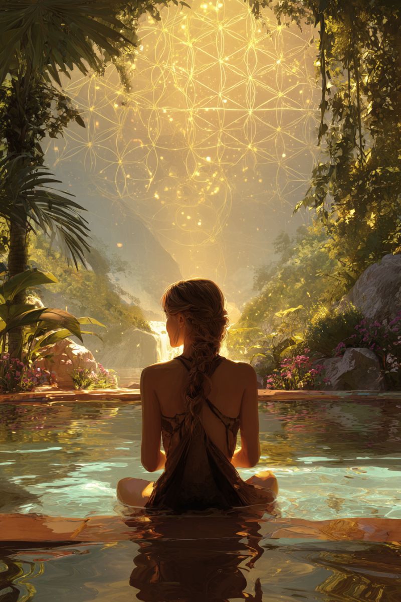 Woman water pool meditation nature flowers rocks trees plants sunlight reflection waterfall forest fantasy palm tree A woman sits in a pool of water, her back turned, and her hair braided down her back. She is surrounded by lush greenery, including large palm leaves and various plants. Behind her, a waterfall cascades into the pool, and the water reflects the vibrant colors of the surrounding foliage. Above, a glowing, intricate pattern of interconnected circles and lines, resembling a mandala, illuminates the scene with a warm, golden light. The background features a mountainous landscape with more greenery and a sense of tranquility.