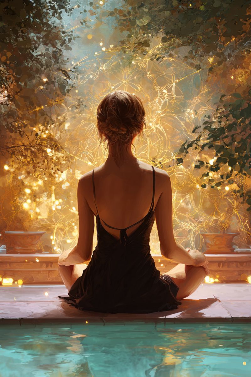 Woman pool meditation yoga relaxation night water trees plants garden patio backyard A woman sits cross-legged on the edge of a pool, her back turned to the viewer. She wears a black sleeveless dress, and her hair is tied back. The pool is filled with clear water, reflecting the golden lights from above. Behind her, there is a back of golden, glowing lights and leafy branches, creating a serene and mystical atmosphere. The scene is bathed in warm, golden light, enhancing the tranquil and peaceful mood.