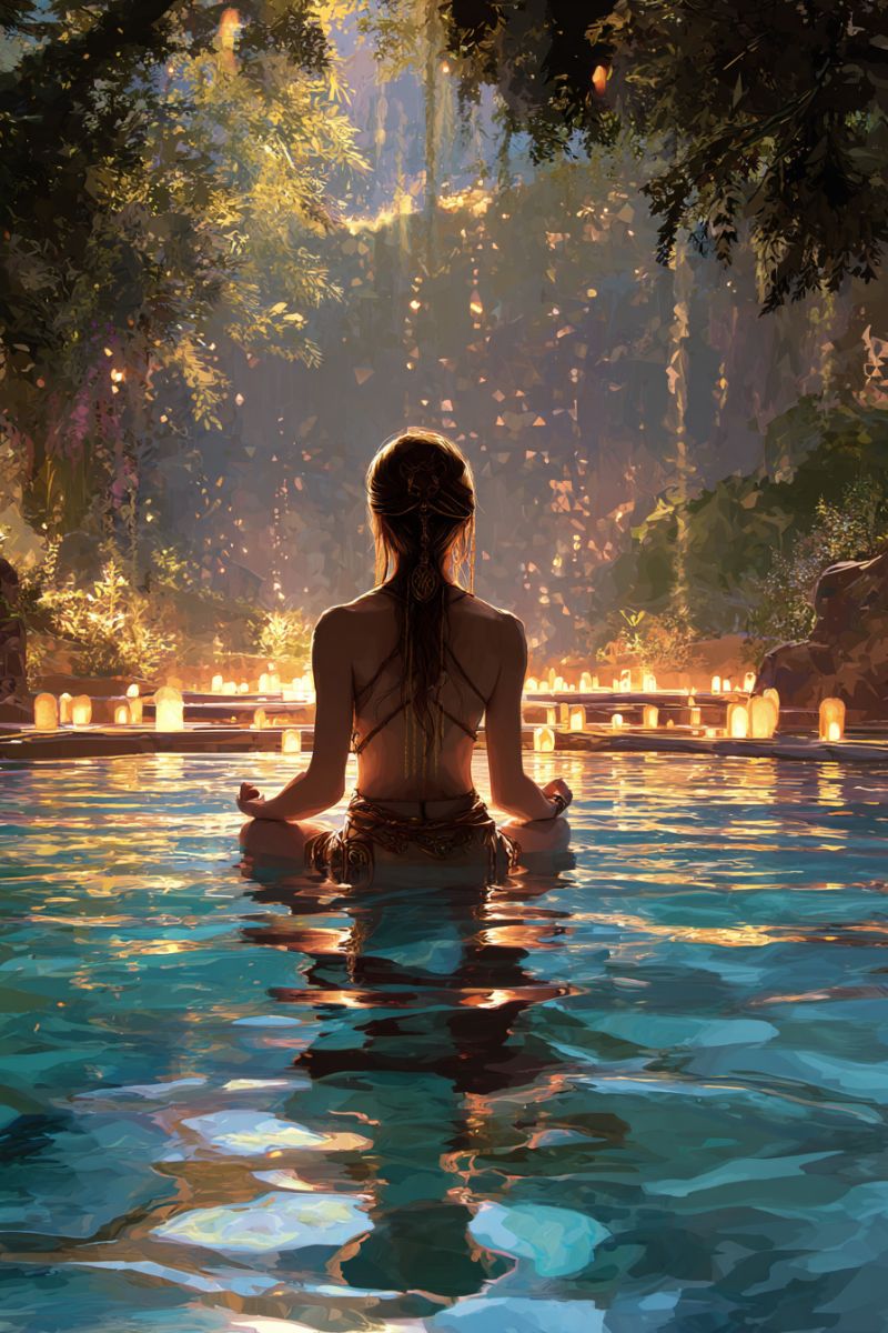 Femme meditation bougies foret eau nuit reflexion arbres lampes cascade assise calme paisible nature natation piscine dos Une femme est assise dans un bassin serein, le dos tourné, portant une robe fluide et un bandeau. Elle est en position méditative, les mains posées sur ses genoux. Le bassin est entouré d'une forêt luxuriante et verte avec un couvert de feuilles au-dessus. Des lanternes flottantes illuminent la scène, projetant une douce lueur dorée. L'eau est calme, reflétant la lumière et la silhouette de la femme.