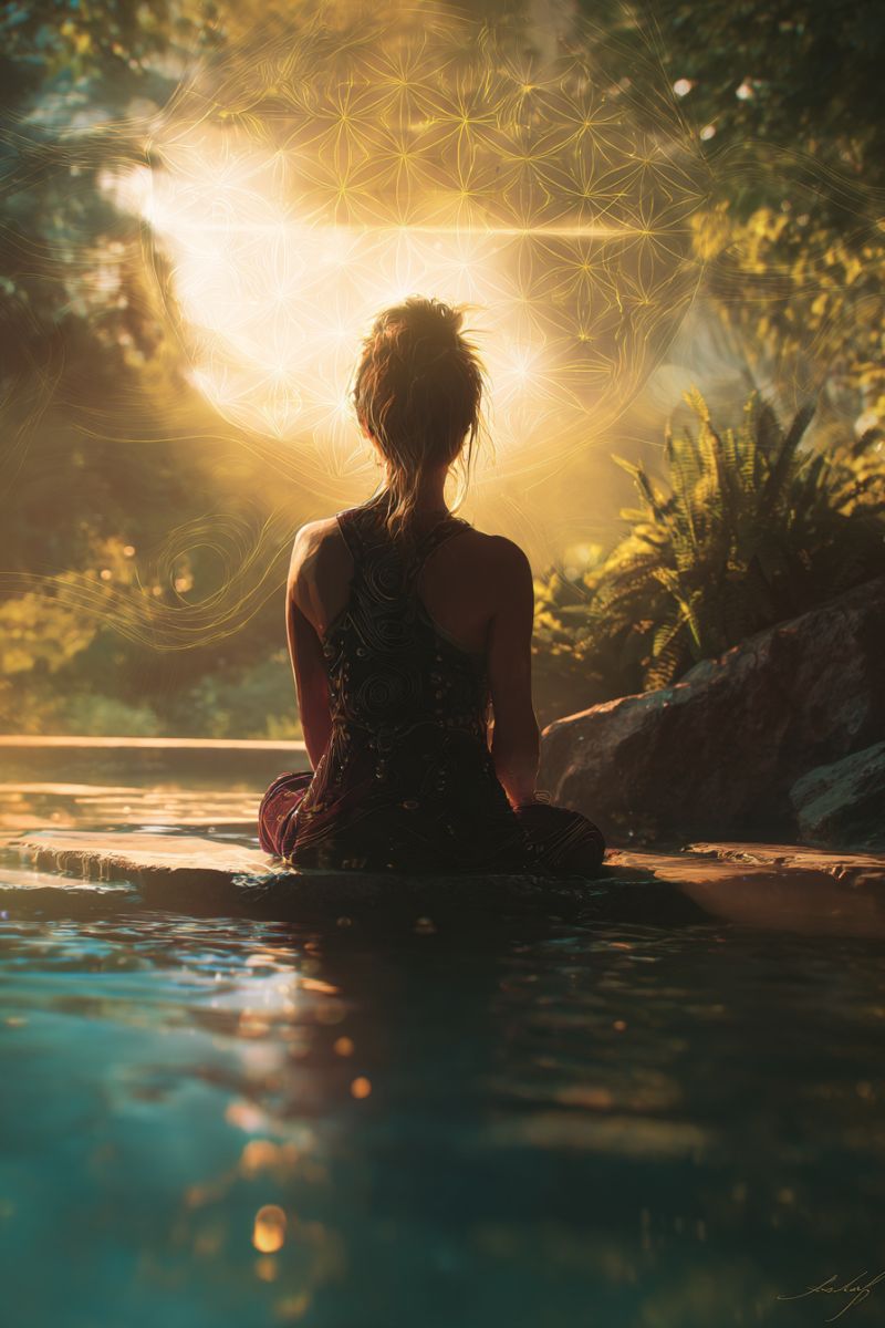 Meditation eau soleil nature reflexion bassin fleur rayon Une femme est assise dans une piscine extérieure sereine, le dos tourné, face à un motif circulaire lumineux qui ressemble à une fleur. Le motif est brillant et semble émettre une lumière chaude, projetant une douce lueur sur elle et les environs. Elle porte une robe sans manches ornée de motifs complexes. Derrière elle, une végétation luxuriante et des rochers sont visibles, avec les rayons du soleil filtrant à travers les arbres, créant une atmosphère paisible et mystique.