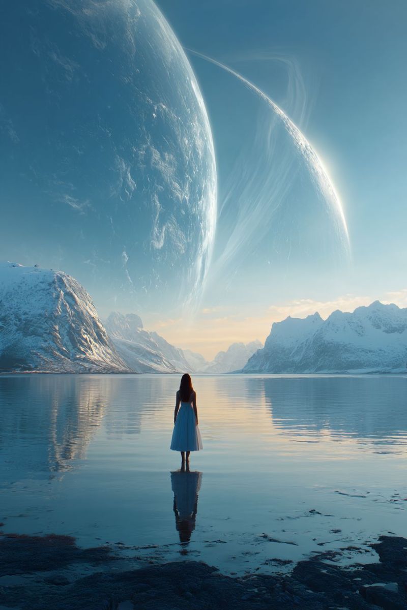 Space planet universe cosmos star galaxy astronomy celestial astrophysics cosmology nebula quasar supernova outer system solar hole gravitational wave A woman stands in a serene, reflective lake, her silhouette mirrored on the water's surface. She wears a flowing white dress, standing against a back of majestic, snow-capped mountains. Above, two large celestial bodies, possibly planets, float in the sky, one with a visible ring system. The sky is a deep blue, with hints of orange and pink from the setting sun, casting a warm glow over the landscape.