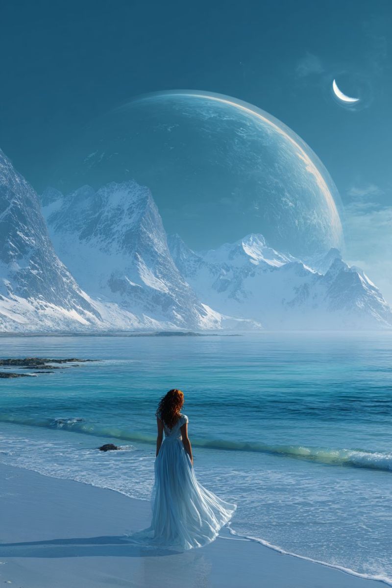 Woman beach dress sea ocean mountain sky planet moon water snow nature horizon cloud reflection fantasy A woman with red hair stands on a beach, her back turned, wearing a flowing white dress. The beach is sandy, and the water is calm with gentle waves. Behind her, there are snow-covered mountains and a large, glowing planet in the sky, with a crescent moon nearby. The sky is blue with some clouds.