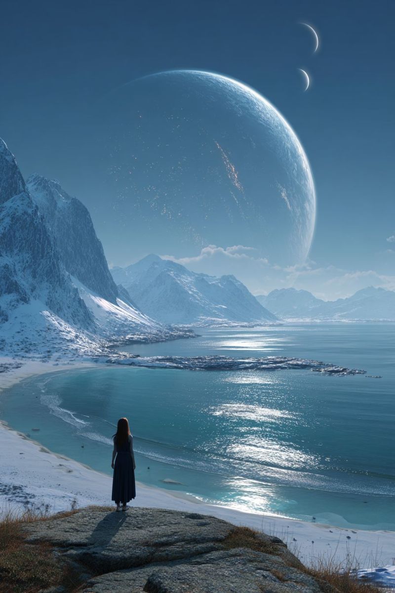 Plage mer ciel montagne eau neige rocher nuage horizon soleil reflet vague lever coucher ocean rivage enneige Une femme se tient sur un affleurement rocheux, contemplant un paysage serein. Elle porte une longue robe sombre et a le dos tourné vers l'observateur. La scène présente une vaste chaîne de montagnes enneigées en arrière-plan, avec des pics recouverts de neige. À gauche, les montagnes descendent vers une plage où le sable est blanc et parsemé de rochers. L'océan s'étend devant elle, sa surface calme reflétant le ciel bleu au-dessus. Dans le ciel, il y a deux lunes, l'une plus grande que l'autre, ajoutant une touche mystique à la scène.