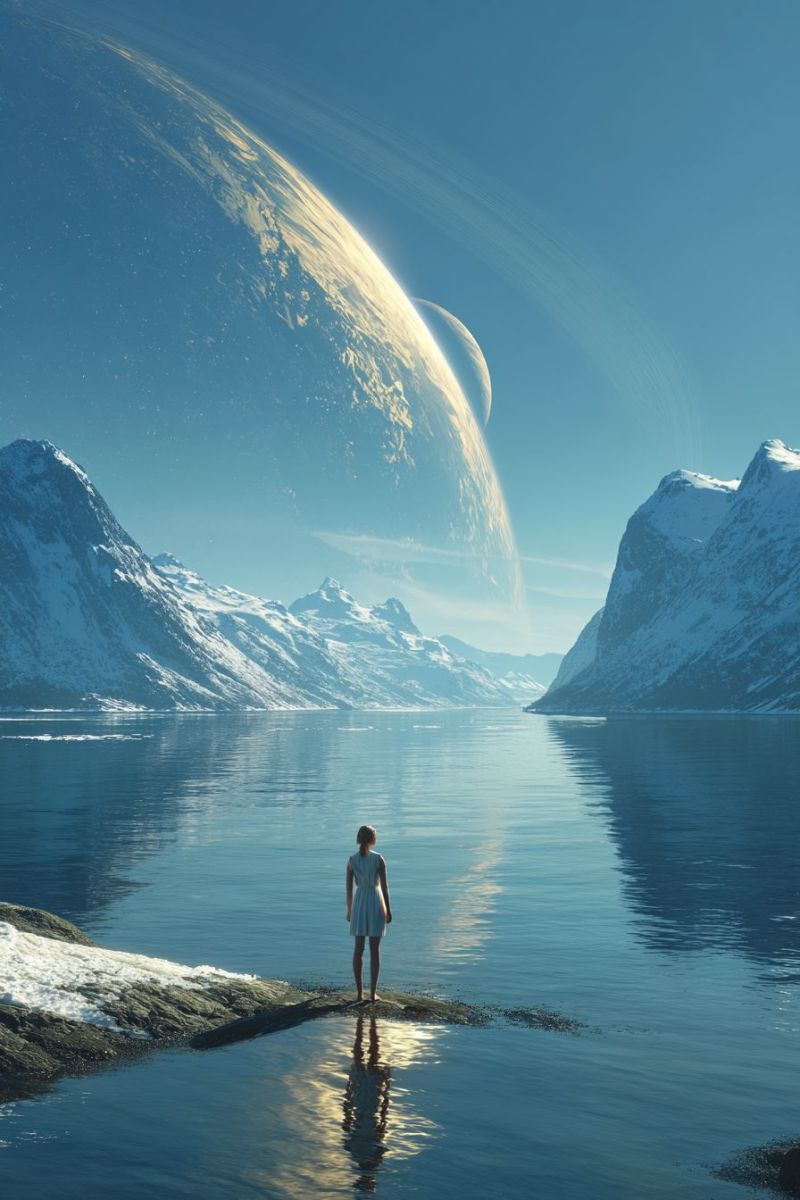 Lac eau montagne ciel reflet neige rocher glace planete espace horizon nuage soleil etoile mer nature Une femme se tient sur une rive rocheuse bordant un lac serein et calme, son reflet et le paysage environnant se reflétant dans l'eau. Derrière elle, des montagnes enneigées s'élèvent majestueusement, leurs sommets touchant le ciel bleu clair. Au loin, une grande planète avec des anneaux et une plus petite lune orbitent, ajoutant un sentiment d'échelle et d'émerveillement à la scène. Le ciel est d'un bleu profond, sans nuages visibles, et l'atmosphère générale est paisible et contemplative.