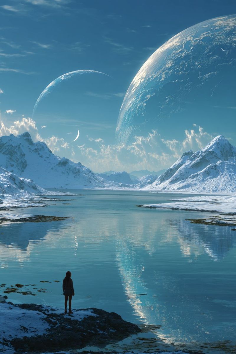 Lake water sky mountain reflection snow ice cloud planet space sea ocean seascape seaside A person stands on a rocky shore near a calm, blue lake, with snow-covered mountains in the background. The sky is blue with scattered clouds, and two large planets are visible, one with a crescent moon. The scene is serene and expansive, with reflections of the sky and mountains in the water.