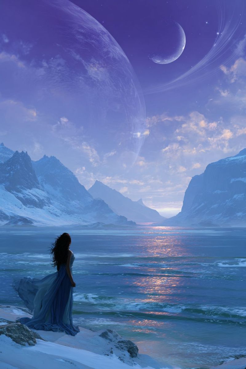 Woman dress sea mountain sky planet moon cloud sunset rock snow water ocean star night reflection horizon A woman stands on a snowy beach, gazing out at the ocean under a twilight sky. Her flowing blue dress billows in the breeze. Behind her, a rugged mountain range stretches into the distance, its peaks dusted with snow. The sky is a deep blue, with a crescent moon and distant stars visible. In the background, two large planets float serenely, one with a ring system, adding a touch of otherworldly beauty to the scene.