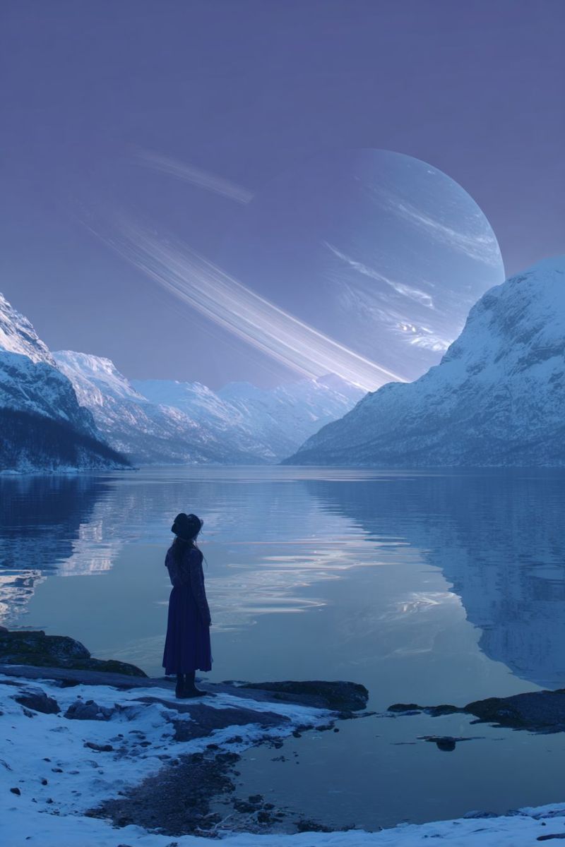 Lake mountain water sky reflection snow winter ice cloud rock sea ocean hill frost frosty frosting frosted frostiness weather morning A person stands on a rocky shore by a calm lake, gazing at a large planet in the sky. The planet is surrounded by a ring system, and its reflection shimmers on the lake's surface. Snowy mountains rise in the background, and the sky is a deep blue. The person wears a long, flowing dress and a hat, adding to the serene and otherworldly atmosphere.