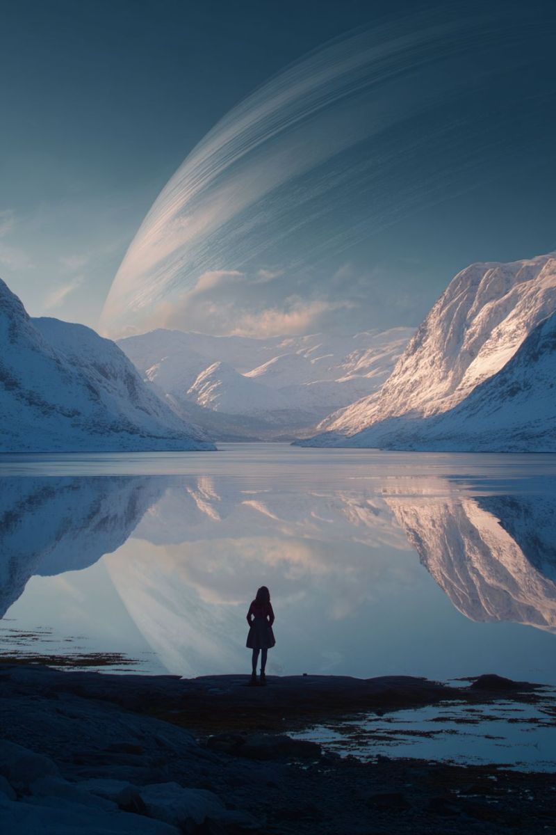 Lake reflection water mountain sky cloud snow horizon nature ice winter rock sea sun sunlight sunrise sunset tree forest A silhouette of a person stands on the shore of a serene lake, gazing at a massive planet in the sky. The planet is ringed and appears to be a gas giant, casting a soft glow on the surrounding landscape. The lake is calm, reflecting the sky and the distant mountains, which are covered in snow. The mountains are rugged and majestic, with their peaks touching the horizon. The sky is a deep blue, with a few wispy clouds scattered across it. The overall scene is peaceful and awe-inspiring, with the vastness of space and the beauty of nature coming together in a harmonious display.