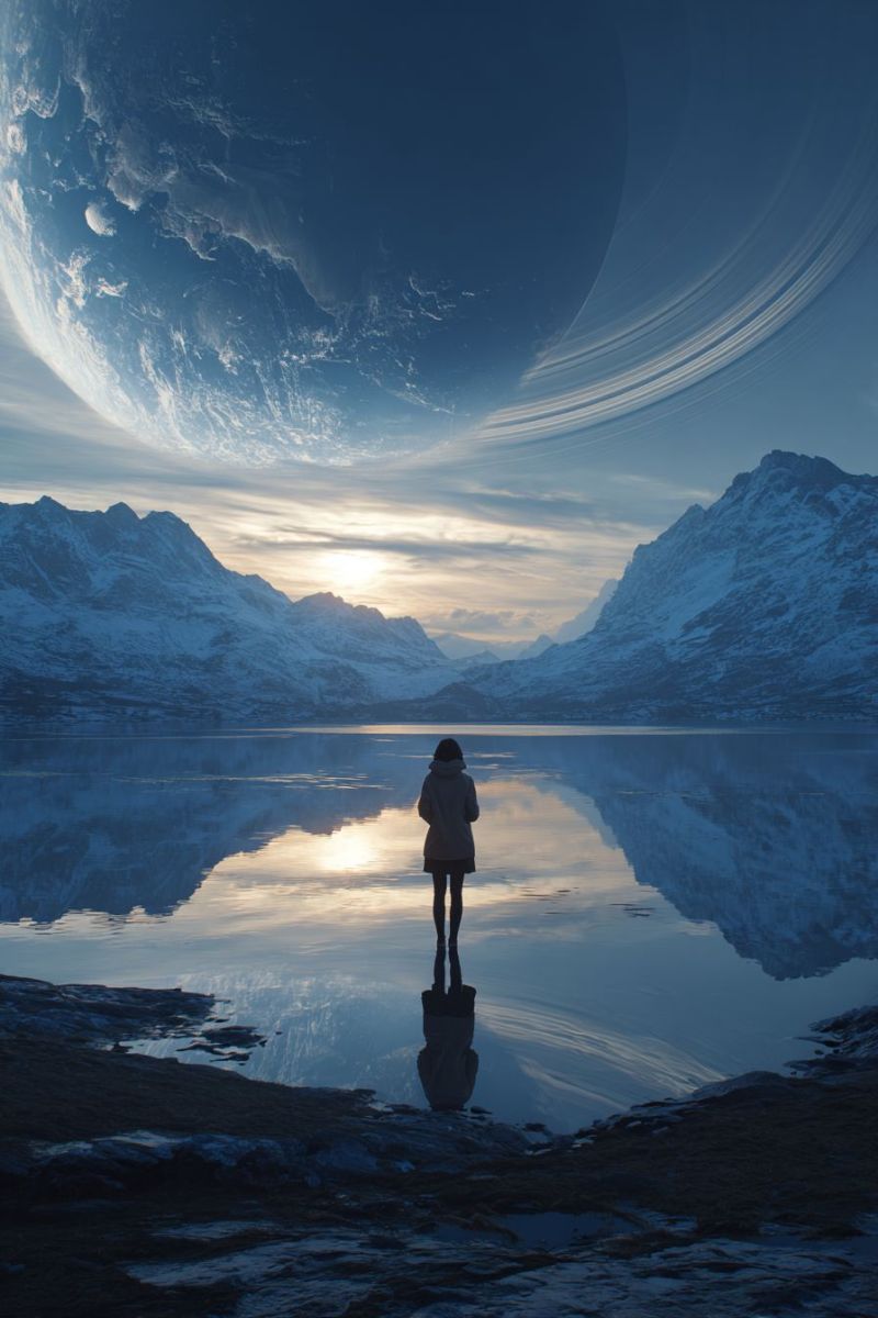 Lake mountain reflection sky snow sun water woman cloud horizon ice outdoors planet rock sunset tree range A person stands on the shore of a calm lake, gazing at a massive planet in the sky. The planet has a ring system similar to Saturn, with the rings appearing as a series of concentric circles around the planet. The sky is a deep blue, and the sun is setting behind the mountains, casting a warm glow over the landscape. The mountains are covered in snow, and their reflections are visible in the lake. The water is still, and the person's reflection can be seen in the lake. The scene is serene and otherworldly.