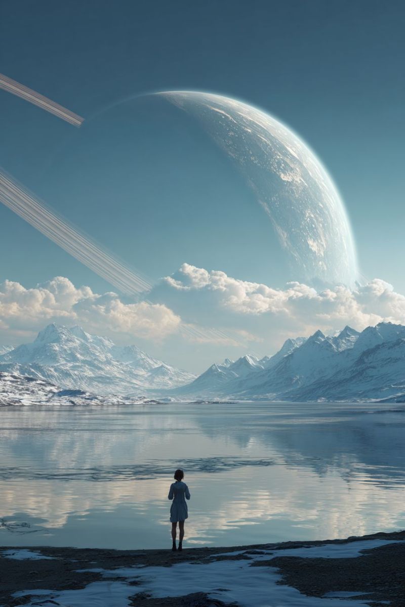 Lac montagne ciel nuage eau reflexion horizon neige glace soleil lever coucher espace planete satellite fusee vaisseau spatial navire Une personne se tient sur le rivage d'un lac serein, contemplant un vaste paysage glacé. Derrière elle, une grande planète avec un système d'anneaux flotte dans le ciel, accompagnée d'un long objet mince ressemblant à une fusée ou un satellite. Le ciel est clair avec des nuages éparpillés, et les montagnes au loin sont couvertes de neige. Le lac reflète le ciel et les nuages, créant un effet de miroir.