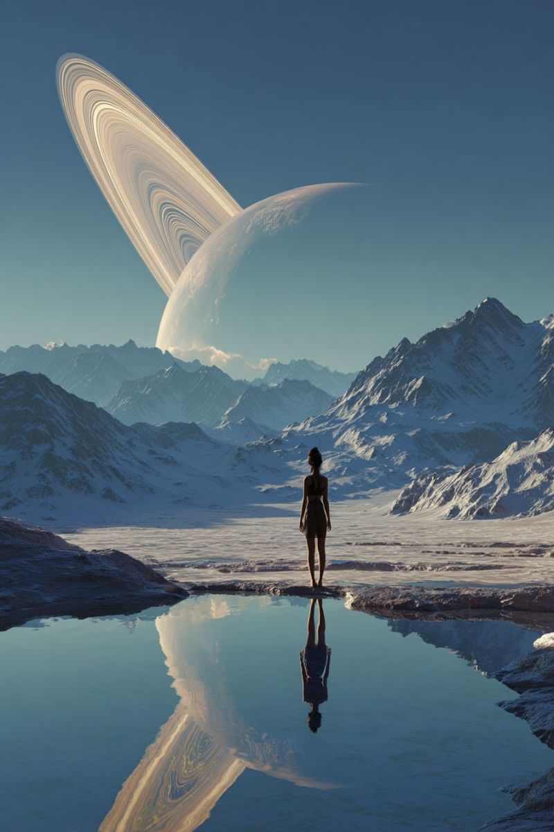 Space planet rings saturn mountains reflection water sky ice snow rocks horizon sunlight shadow nature exploration astronomy science fiction In the foreground, a woman stands barefoot on a rocky shore, gazing out at a serene body of water. Her reflection is visible in the water, mirroring her pose. Behind her, a vast snowy landscape stretches out, with mountains covered in snow. In the sky, a large planet with prominent rings is visible, adding a sense of scale and wonder to the scene. The sky is a clear blue, contributing to the tranquil atmosphere.
