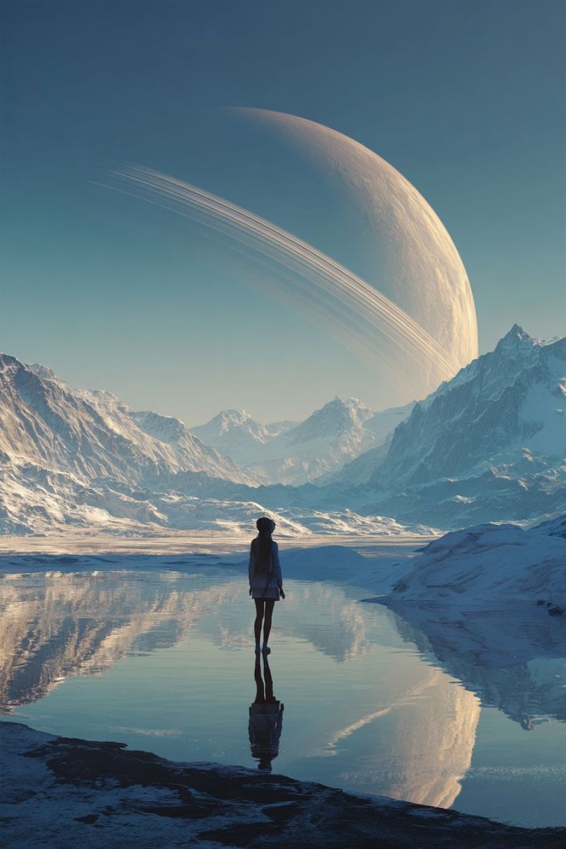 Mountain sky water reflection lake snow ice planet space universe star night dark cloud horizon atmosphere cosmic celestial outer A person stands in a serene, snowy landscape, gazing at a massive planet with prominent rings. The planet is set against a back of clear blue sky. The individual is dressed in a white jacket and a hat, standing on the edge of a calm, reflective body of water. The water mirrors the snowy mountains and the vast, ringed planet. The mountains are covered in snow, and the sky is clear and blue.