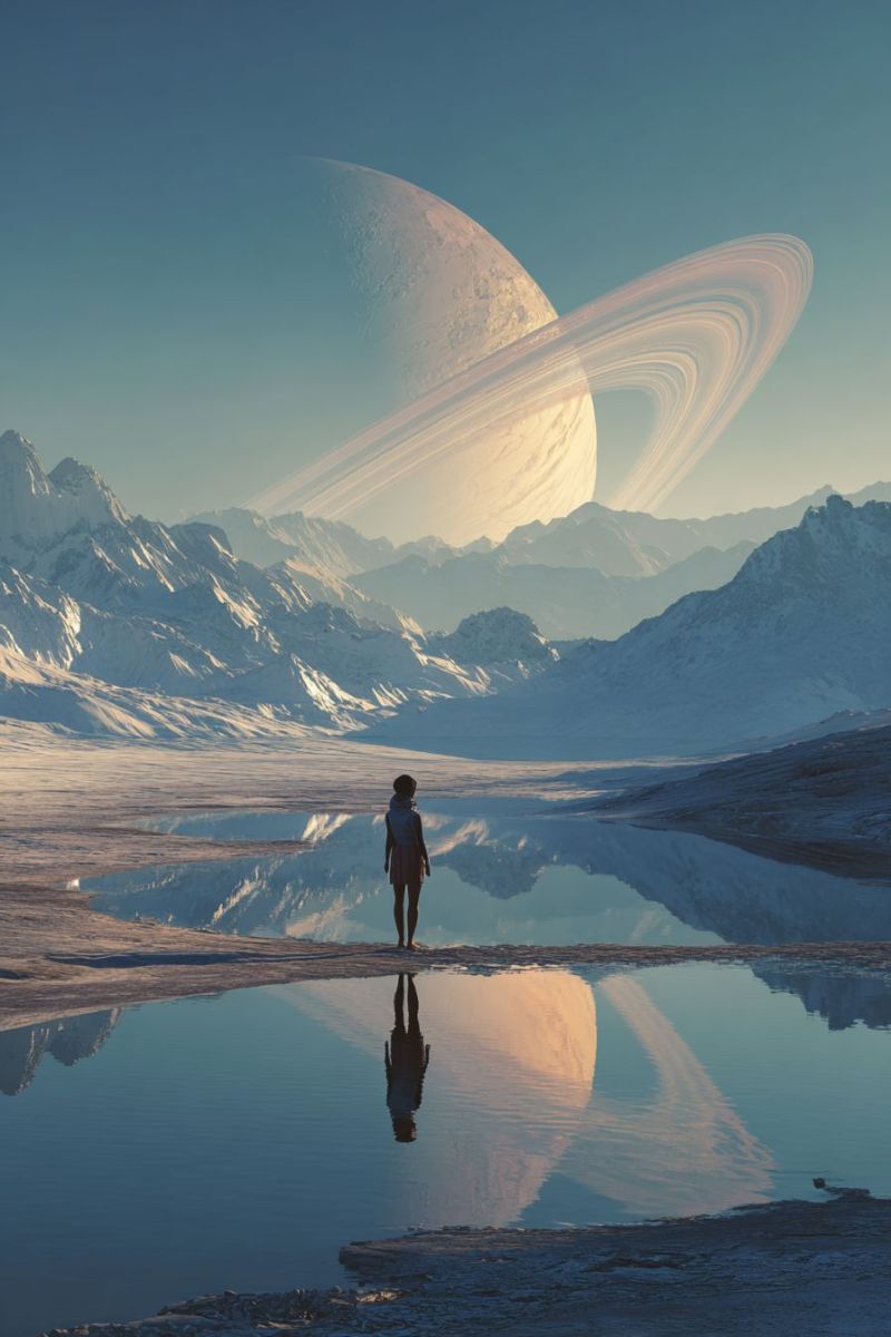 Planete spatiale saturne anneaux montagnes lac reflet coucher soleil ciel horizon eau glace neige nature exploration astronomie science fiction Une personne se tient sur une surface réfléchissante, peut-être un lac, avec son reflet visible. Elle est vêtue d'un long manteau et semble contempler une grande planète dans le ciel. La planète possède un système d'anneaux proéminent et est entourée d'un ciel bleu. En arrière-plan, il y a des montagnes enneigées, et la scène dans son ensemble a une atmosphère sereine et irréelle.