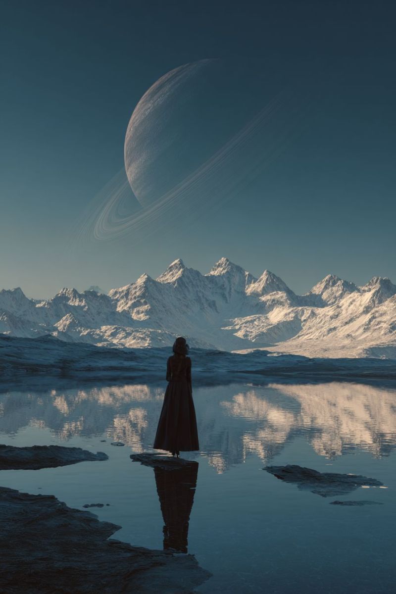 Mountain water sky reflection planet space lake snow ice winter night cloud rock sea frost cold frosty mountains range A woman stands on a rocky shore, gazing at a serene lake. The lake reflects the snowy mountains and a large planet in the sky. The planet has a ring system, and the sky is a deep blue. The woman wears a long, dark dress, and her shadow falls on the water. The scene is peaceful and majestic, with the natural beauty of the landscape and the celestial body creating a striking contrast.