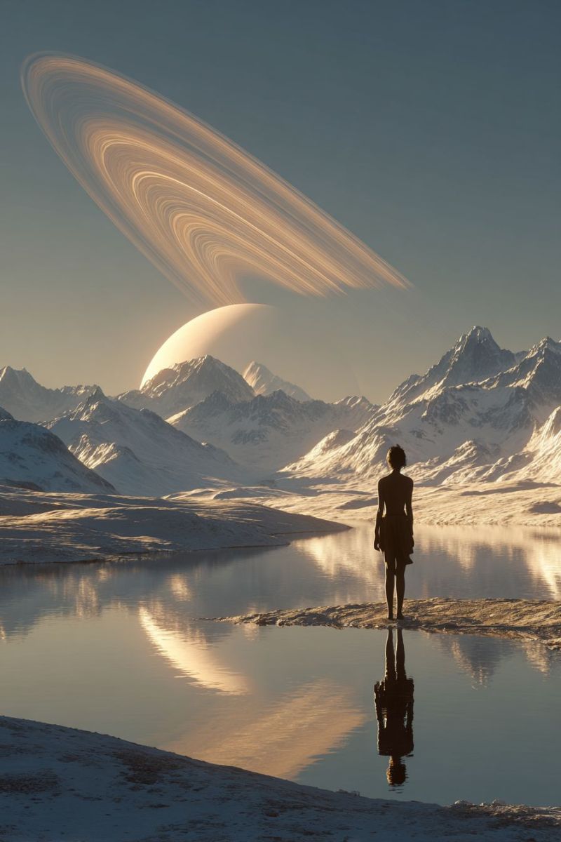 Mountains lake water reflection sky planet saturn rings space universe astronomy cosmic celestial star galaxy night dark outer A person stands silhouetted against a serene landscape, with a vast, snowy mountain range in the background. The sky is clear, and a large planet with prominent rings is visible, casting a soft glow. The planet's rings are beautifully detailed, with concentric bands of light. The person is standing on a small, reflective body of water, which mirrors the sky and the planet. The scene is tranquil, with a sense of isolation and wonder.