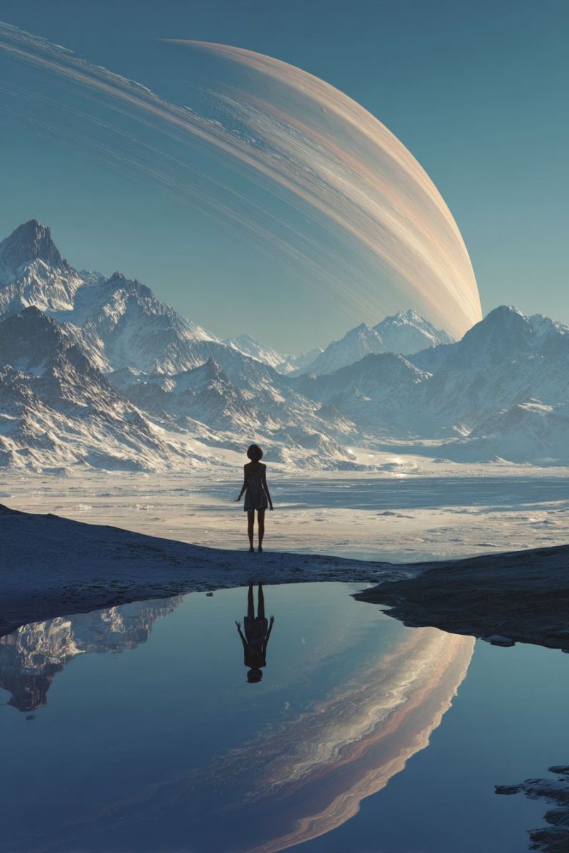 Mountains sky planet reflection water lake ice snow horizon sun sunlight clouds atmosphere space astronomy cosmos universe outer A woman stands alone in a vast, snowy landscape under a clear blue sky. She faces a large, ringed planet in the distance, its rings prominently visible. The planet's rings cast a soft glow on the snowy ground and mountains. The woman's reflection and the surrounding scenery are mirrored in a calm body of water in the foreground. The sky is clear, and the scene is serene and expansive.