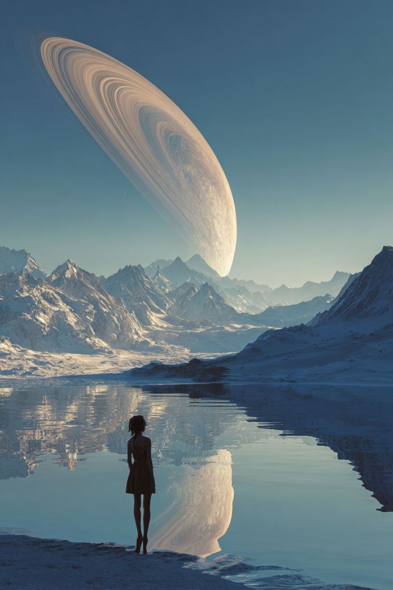 Space planet rings saturn mountains lake reflection sky nature astronomy celestial cosmos universe star galaxy exploration science fiction outer A woman stands on the shore of a serene, reflective lake, gazing at a massive planet in the sky. The planet, resembling Saturn, is adorned with intricate rings and a glowing atmosphere. The sky is a clear, deep blue, and the sun's rays cast a warm glow over the snowy mountains and the tranquil water. The woman's silhouette is reflected in the lake, adding to the peaceful and awe-inspiring scene.
