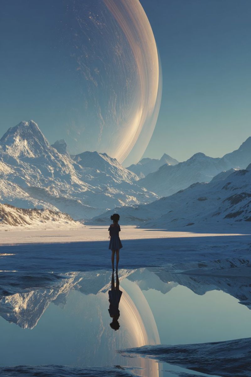 Mountain sky water reflection lake ice snow planet girl dress sun sunlight shadow horizon atmosphere space fantasy A woman stands in a vast, snowy landscape with a large, glowing planet in the background. The planet's light reflects on the snow, creating a serene and otherworldly atmosphere. The mountains are covered in snow, and the sky is clear and blue. The woman's reflection is visible in the water, adding to the surreal quality of the scene.